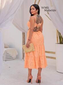 MABELDE Women's Lese Lace Midi Dress Strapless Backless Summer Fashion Romantic - trái cam - Xem 2