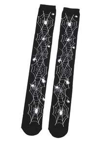 1 đôi tất cao đến đầu gối họa tiết mạng nhện dành cho nữ, tiệc Halloween - màu đen - Xem 5