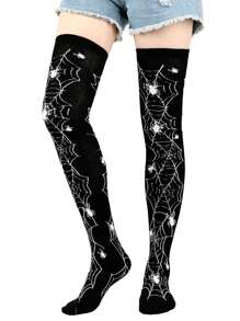 1 đôi tất cao đến đầu gối họa tiết mạng nhện dành cho nữ, tiệc Halloween - màu đen - Xem 1