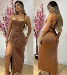 Vestido Alcinha Colado Longo Feminino Costa Nua Trançado Empinha Bumbum Com Fenda Elegante Festa Formatura Moda Blogueira - Marrom - Visão 6
