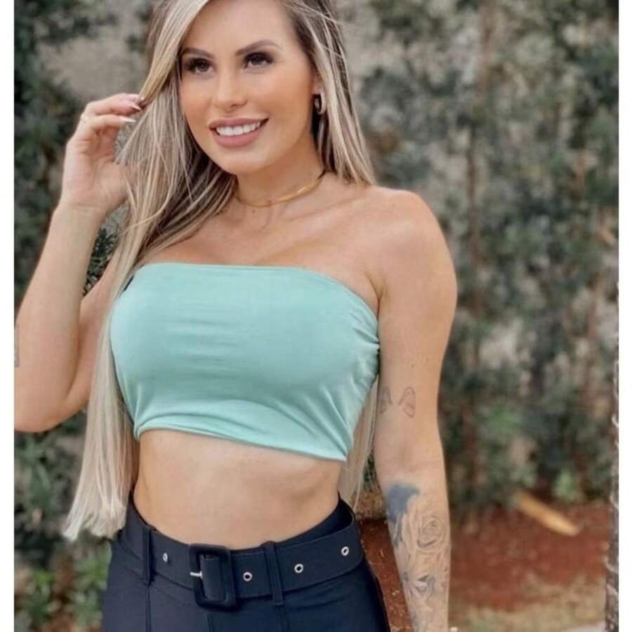 Cropped Top Suplex Bandeau Blouse With Padded Cup - 淺藍色 - 查看 1