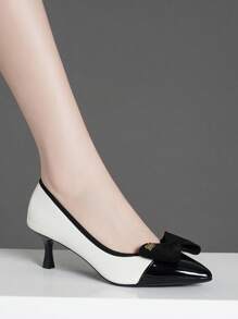 女式高跟鞋，带蝴蝶结细节，尖头，细高跟，白色、银色、黑色可选，全新时尚设计，低跟皮鞋