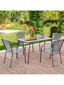 5 Piece Outdoor Patio Outdoor Dining Set Table Stackable Chairs W/ Umbrella Hole - Bàn hình chữ nhật - Xem 6