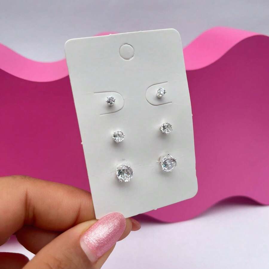 Trio Zirconia Earring 3 Sizes 925 Silver Plated Point Of Light - 銀色 - 查看 1