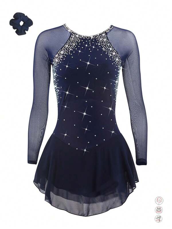 Figure Skating Costume Navy Blue Gauze Rhine-Diamond Dance Costume Custom Spandex Performance Costume Competition Training Women's Wear