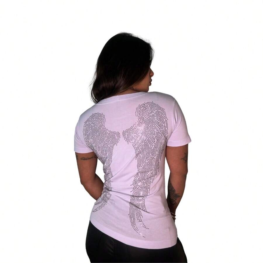 Women's Short Sleeve Round Neck Blouse With Shiny Back Wing Detail Blogger Fashion Casual - 白色 - 查看 1