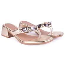 Women's Clogs With Thick Block Heel, Medium 5cm, Square Toe, ABS Decoration, Spikes, Comfort, Gold - 金色 - 查看 2