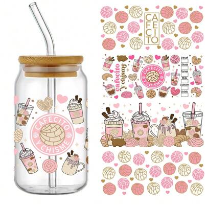 5pcs/Set Cafecito Y Chisme UV DTF Cup Wraps Decals Transfer Printing Waterproof Self-Adhesive Stickers For Mug Water Bottle Cup, DTF Transfer Sticker For 16 OZ Glass Can Wrap, 3D Crystal Label Waterproof And Scratch Resistant, DIY Wrap Transfer Sticker Fashion Women Decals DIY Crafts-High Quality (11x24cm) 4.3inx9.4in