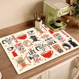 1pc Coffee Bar Mat, Absorbent And Quick Dry Dish Drying Pad, Adorable Coffee Pattern Espresso Machine Desk Mat, Soft Rubber Non-Slip Heat Resistant Decoration Coaster, Coffee Maker Cleaning Accessory, Christmas Table Decor, Suitable For Kitchen, Dining Room, Coffee Bar