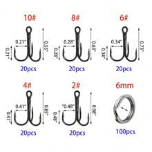 Fishing Treble Hooks Kit, Red And Black Treble Hooks Sharp Round Bend High Carbon Steel Fishing Hooks Strong Barbed Hooks With Stainless Steel Split Rings, For Lures Baits Fishing Hook Set 2# 4# 6# 8# 10# For Freshwater Saltwater