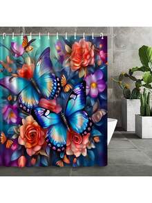 1 件彩色蝴蝶和花朵涤纶数码印花防水浴室浴帘，防霉 - LB932 - 查看 6