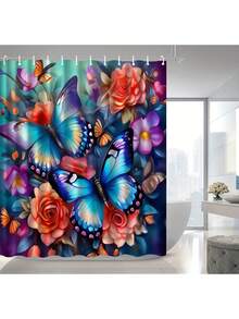 1 件彩色蝴蝶和花朵涤纶数码印花防水浴室浴帘，防霉 - LB932 - 查看 5