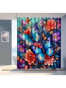 1 件彩色蝴蝶和花朵涤纶数码印花防水浴室浴帘，防霉 - LB932 - 查看 2