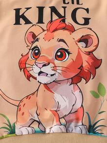 2 件套年轻男孩 4-7 岁卡通字母动物老虎印花长袖上衣和裤子，休闲舒适春秋装 - 卡其色 - 查看 4