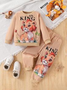 2 件套年轻男孩 4-7 岁卡通字母动物老虎印花长袖上衣和裤子，休闲舒适春秋装 - 卡其色 - 查看 1