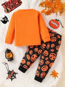 2 piezas Conjunto de top de cuello redondo de manga larga y pantalones con estampado de calabaza de Halloween para niño pequeño, talla 1-6 años - Naranja - Ver 3