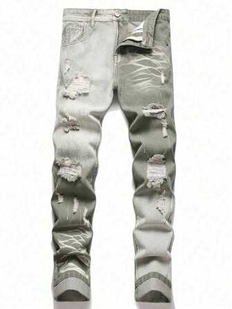 时尚渐变色破洞紧身男式休闲牛仔裤