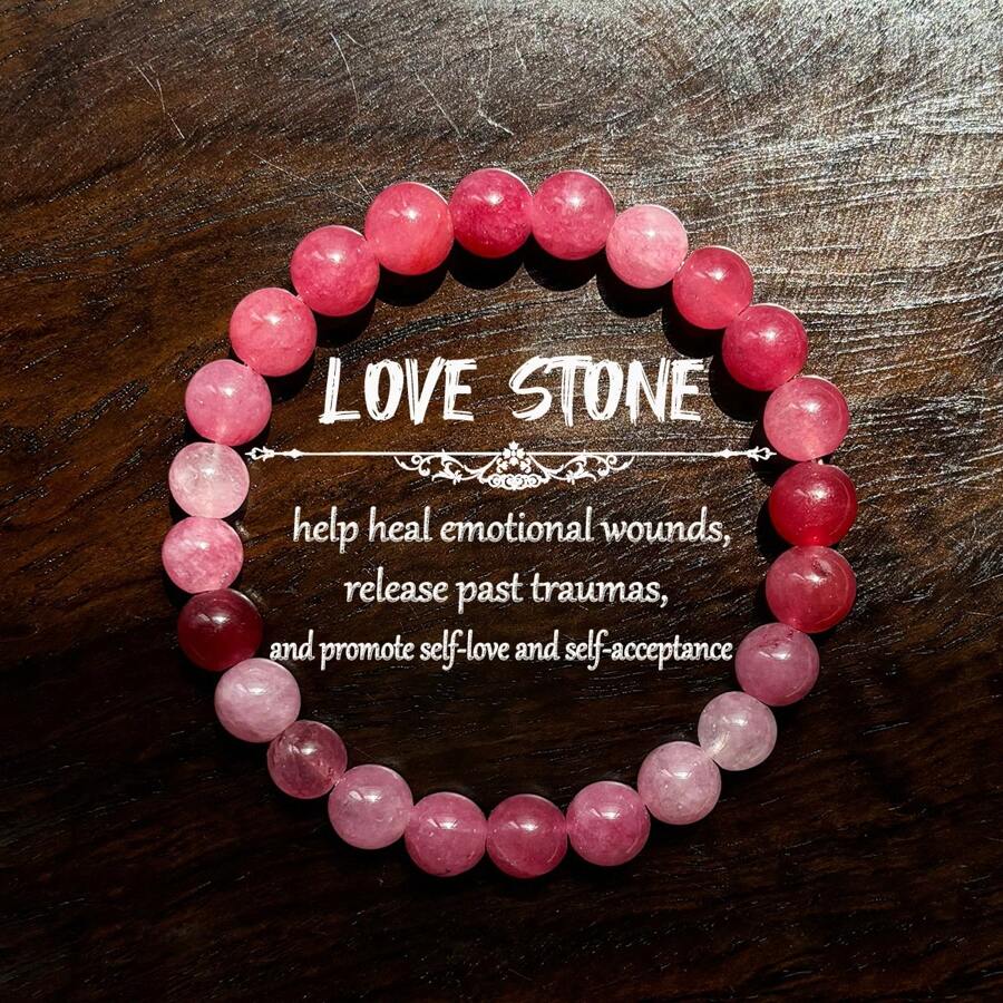 1 件“爱之石”手工玫瑰石英串珠手链，适合女士，促进自爱和自我接受，时尚圣诞礼物。[天然石图案随机组合]