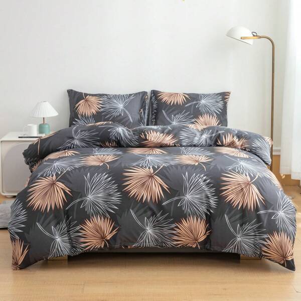 3pcs Leaf Print Bedding Set, Super Soft Breathable Bedding Duvet Cover Set Suitable For Bedroom & Guest Room (Bed Cover + Pillow Case, Without Quilt & Pillow Insert), Zipper Duvet Cover + Pocket Pillow Case