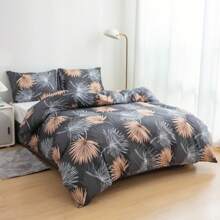 3pcs Leaf Print Bedding Set, Super Soft Breathable Bedding Duvet Cover Set Suitable For Bedroom & Guest Room (Bed Cover + Pillow Case, Without Quilt & Pillow Insert), Zipper Duvet Cover + Pocket Pillow Case - Printing Kit-duyun - View 4