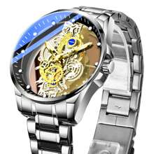 CTPOR 50M Waterproof Gold 316 Stainless Steel Skeleton Watch With Japan Imported Quartz Automatic Movement - High-Quality Built-In Long-Life Battery Mechanical Gears Display Luminous Hands Luxury Birthday Gift Husband Father's Day Wedding Souvenir Exam Back To School Essentials - Silver - View 3