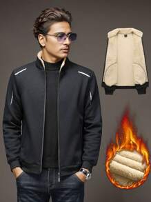 Men's Thermal Lined Stand Collar Loose Sweatshirt Jacket, Warm & Thick For Autumn/Winter