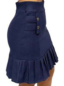 Women's Bengaline Skirt With Buttons And Ruffle Detail - Navy Blue - View 4