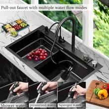 Kitchen Sink With Faucet Combo Waterfall Black Sink Stainless Steel Waterfall Kitchen Sink Kitchen Countertop Multi-Functional Farmhouse Undermount Or Countertop Sink Drop In Farmhouse Sink - 29.52"x17.7" - 查看 7