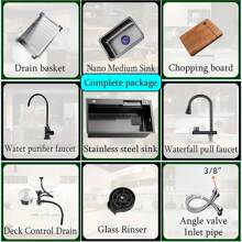 Kitchen Sink With Faucet Combo Waterfall Black Sink Stainless Steel Waterfall Kitchen Sink Kitchen Countertop Multi-Functional Farmhouse Undermount Or Countertop Sink Drop In Farmhouse Sink - 29.52"x17.7" - 查看 2