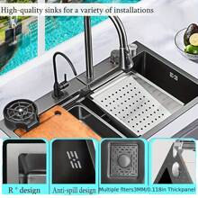 Kitchen Sink With Faucet Combo Waterfall Black Sink Stainless Steel Waterfall Kitchen Sink Kitchen Countertop Multi-Functional Farmhouse Undermount Or Countertop Sink Drop In Farmhouse Sink - 29.52"x17.7" - 查看 5