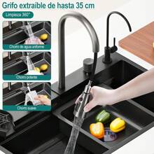 Kitchen Sink With Faucet Combo Waterfall Black Sink Stainless Steel Waterfall Kitchen Sink Kitchen Countertop Multi-Functional Farmhouse Undermount Or Countertop Sink Drop In Farmhouse Sink - 29.52"x17.7" - 查看 6