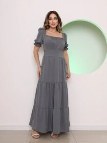 Long Dress With 3 Ruffled Sleeves - Gris - Ver 2