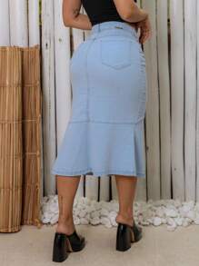 Mermaid Denim Midi Skirt Modest Fashion  Look - Light Wash - View 2