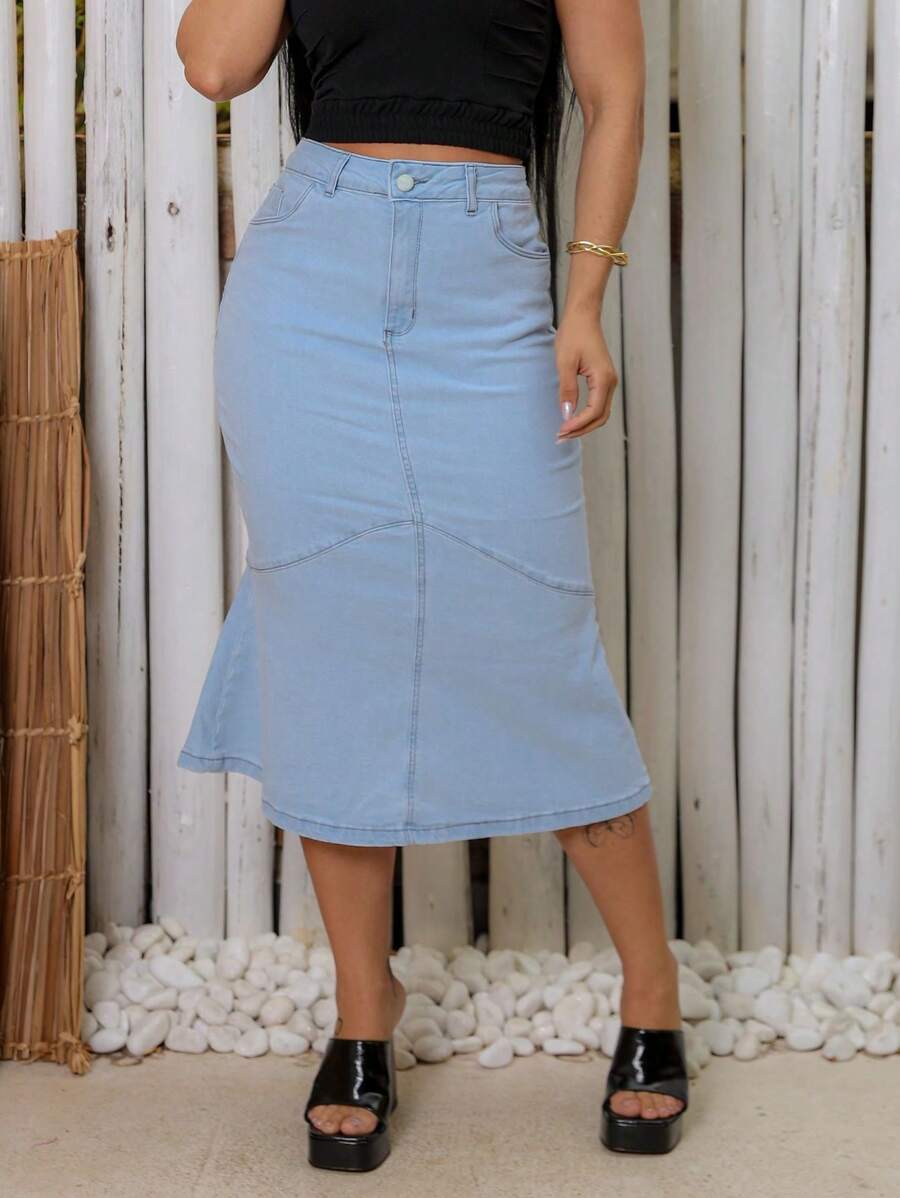 Mermaid Denim Midi Skirt Modest Fashion Look - Light Wash - View 1