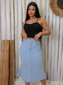Mermaid Denim Midi Skirt Modest Fashion  Look - Light Wash - View 4