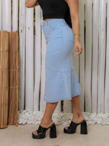 Mermaid Denim Midi Skirt Modest Fashion  Look - Light Wash - View 3