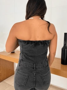 Women's Strapless Denim Jumpsuit With Elastane - Grafito - Ver 10