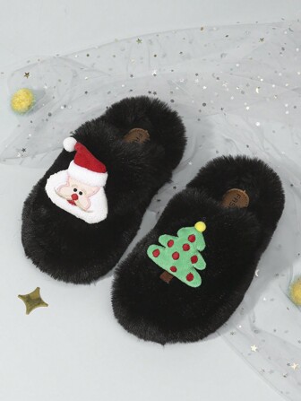 1 Pair Kids Boys Girls Christmas Tree Design Warm Plush Lined Anti-Slip Soft Bottom Thermal Slippers, 2023/2024 New Winter Collection