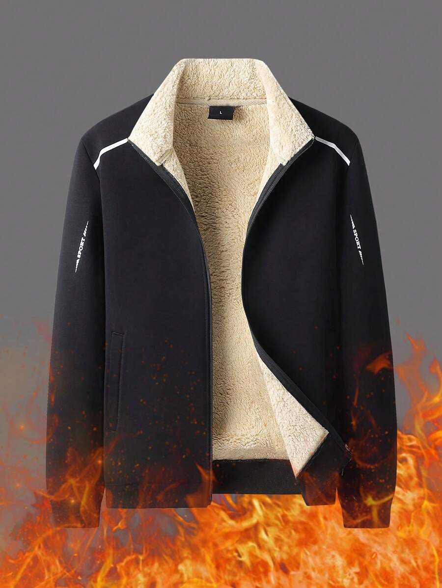 Men's Thermal Lined Stand Collar Loose Sweatshirt Jacket, Warm & Thick For Autumn/Winter