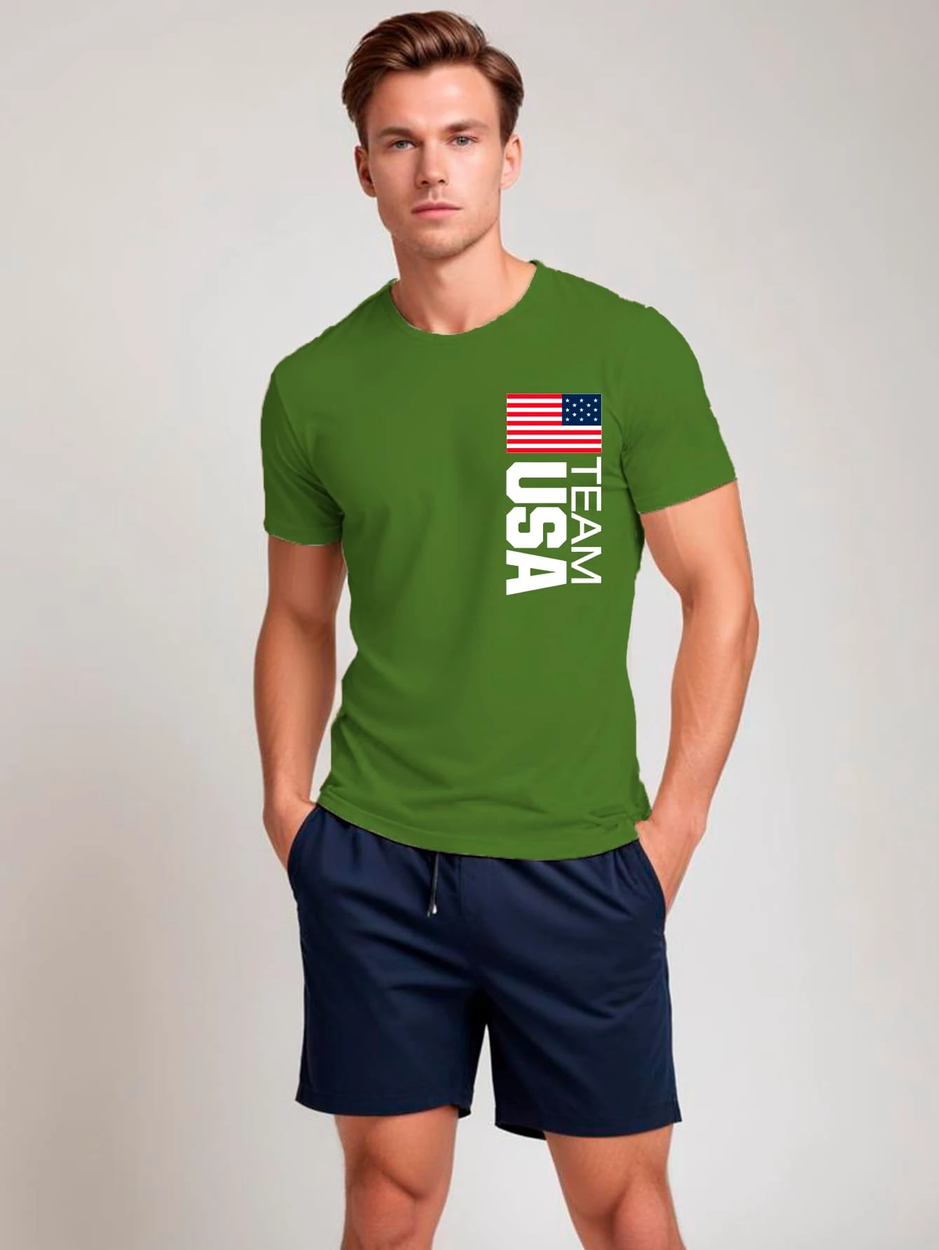 Unisex "Team U.S.A." T-Shirt 100% Cotton - 橄欖綠 - 查看 1