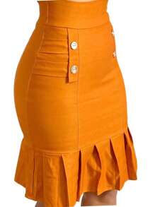 Women's Bengaline Skirt With Buttons And Ruffle Detail - Camel - Ver 3