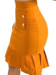 Women's Bengaline Skirt With Buttons And Ruffle Detail - Camel - Ver 2