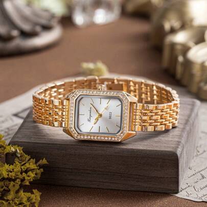 xinyunkou 新款女士小方形手表，镶嵌水钻，配不锈钢表带，可作为返校学生的礼物