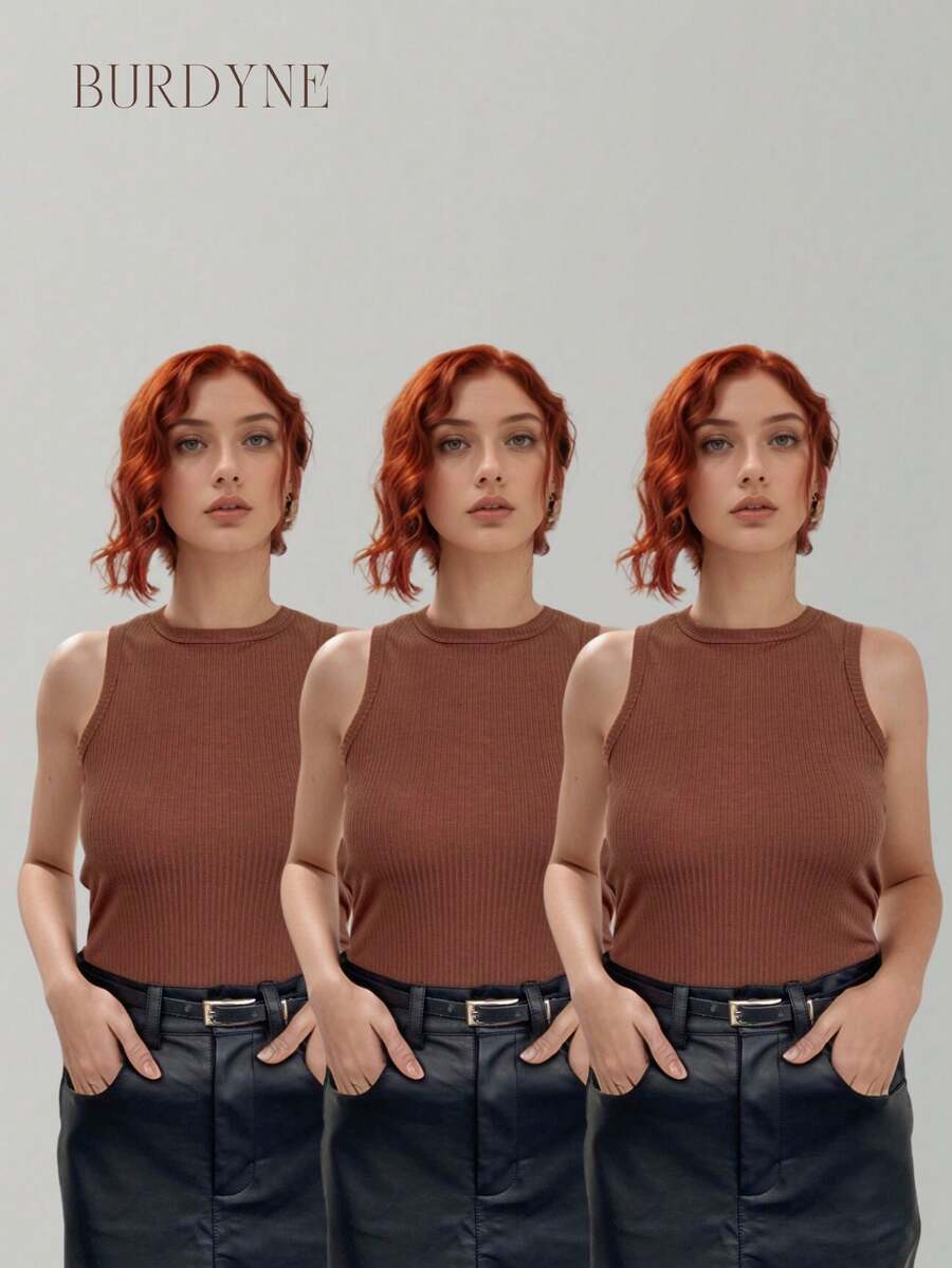 Kit 4 Basic Ribbed Tank Top Women's Summer Gringa Blouse - Rỉ Nâu - Xem 1