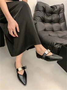2024 Neue spitz zulaufende Lackballerinas in Schwarz, Schnallriemen mit Metallakzent, Damenschuhe, Vielseitig für Kleider und Hosen, Büroarbeitsschuhe - Schwarz - Übersicht 5