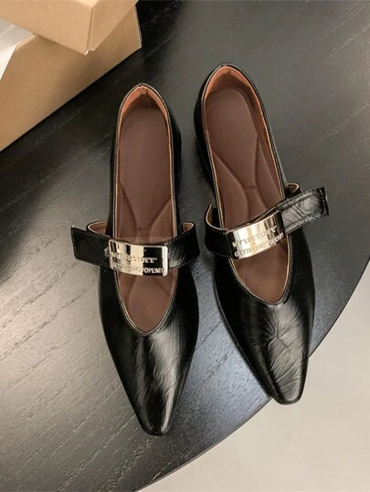 2024 New Pointed Toe Black Mary Jane Shoes, Buckle Strap Metal Accent, Women's Flats, Versatile For Dresses And Pants, Office Work Shoes