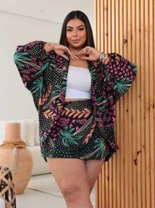 Plus Size 2-Piece Shorts And Kimono Set - Black Floral - View 1