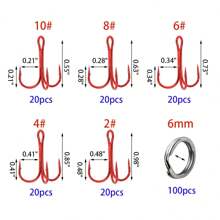 Fishing Treble Hooks Kit, Red And Black Treble Hooks Sharp Round Bend High Carbon Steel Fishing Hooks Strong Barbed Hooks With Stainless Steel Split Rings, For Lures Baits Fishing Hook Set 2# 4# 6# 8# 10# For Freshwater Saltwater