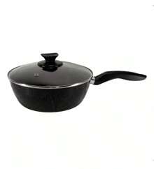 24 Cm Large High Deep Non-Stick Frying Pan With Glass Lid + Spatula - 黑色 - 查看 2