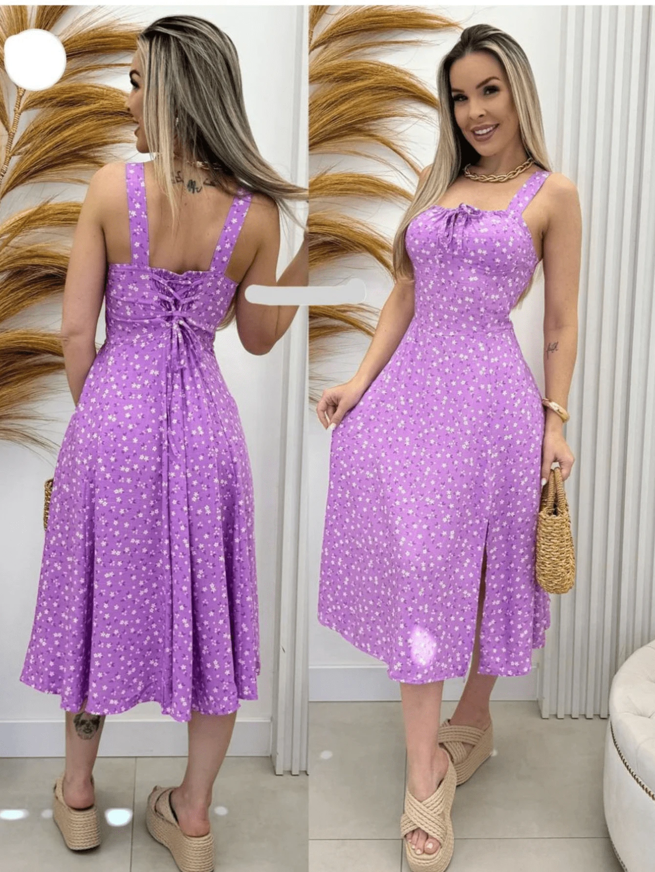 Women's Floral Dress With Slit Summer 2025 - 紫色 - 查看 1